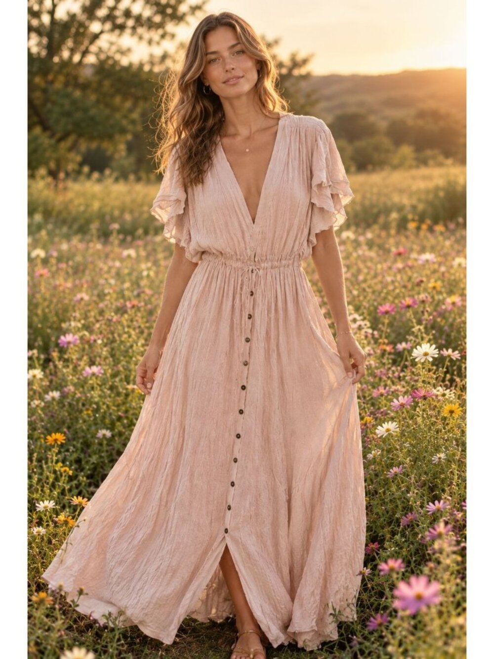 Sweet Lovely by Jen Blush Pink Deep V-Neck Boho Maxi Dress Ruffle Sleeve Small